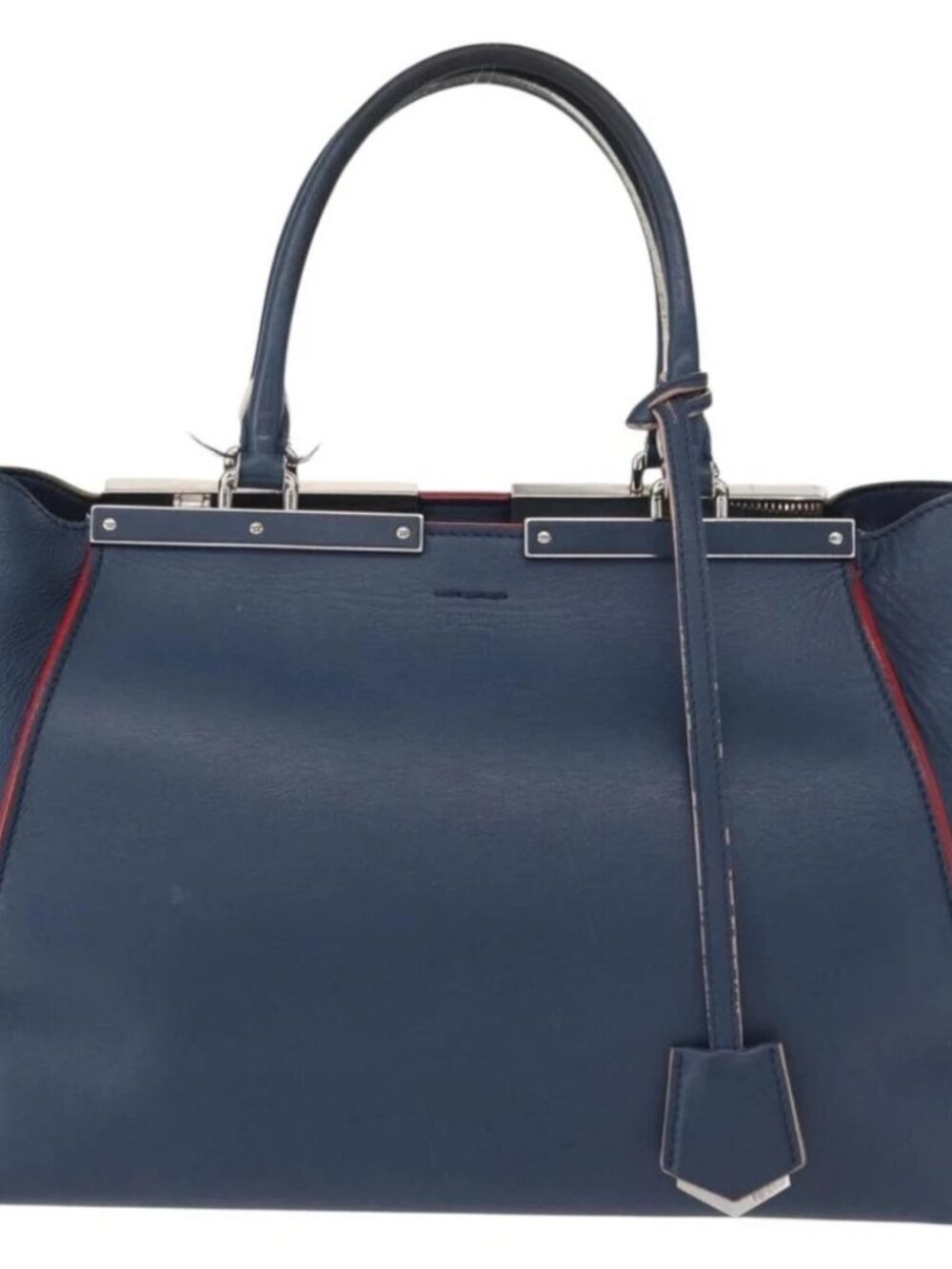 FENDI Trois Jules Hand Bag Leather Navy Silver Auth - Picture 2 of 16